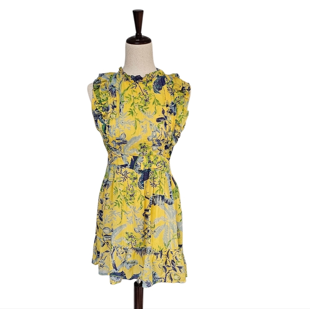 Banjanan 100% Silk Tropical Ruffle Floral Yellow Mini Dress Small Preowned - Picture 2 of 11